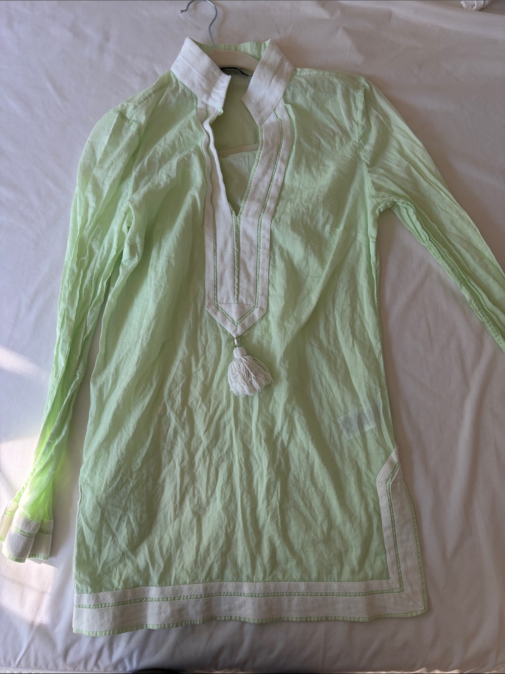 Tory Burch Light Green Tunic Coverup with White Trim and Tassel